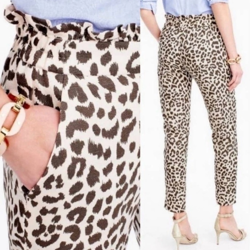 J. Crew ruffle waist linen blend leopard print straight leg cropped pants Sz 8